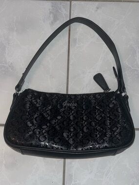 GUESS Black Quilted Logo Print Leather Shoulder Bag